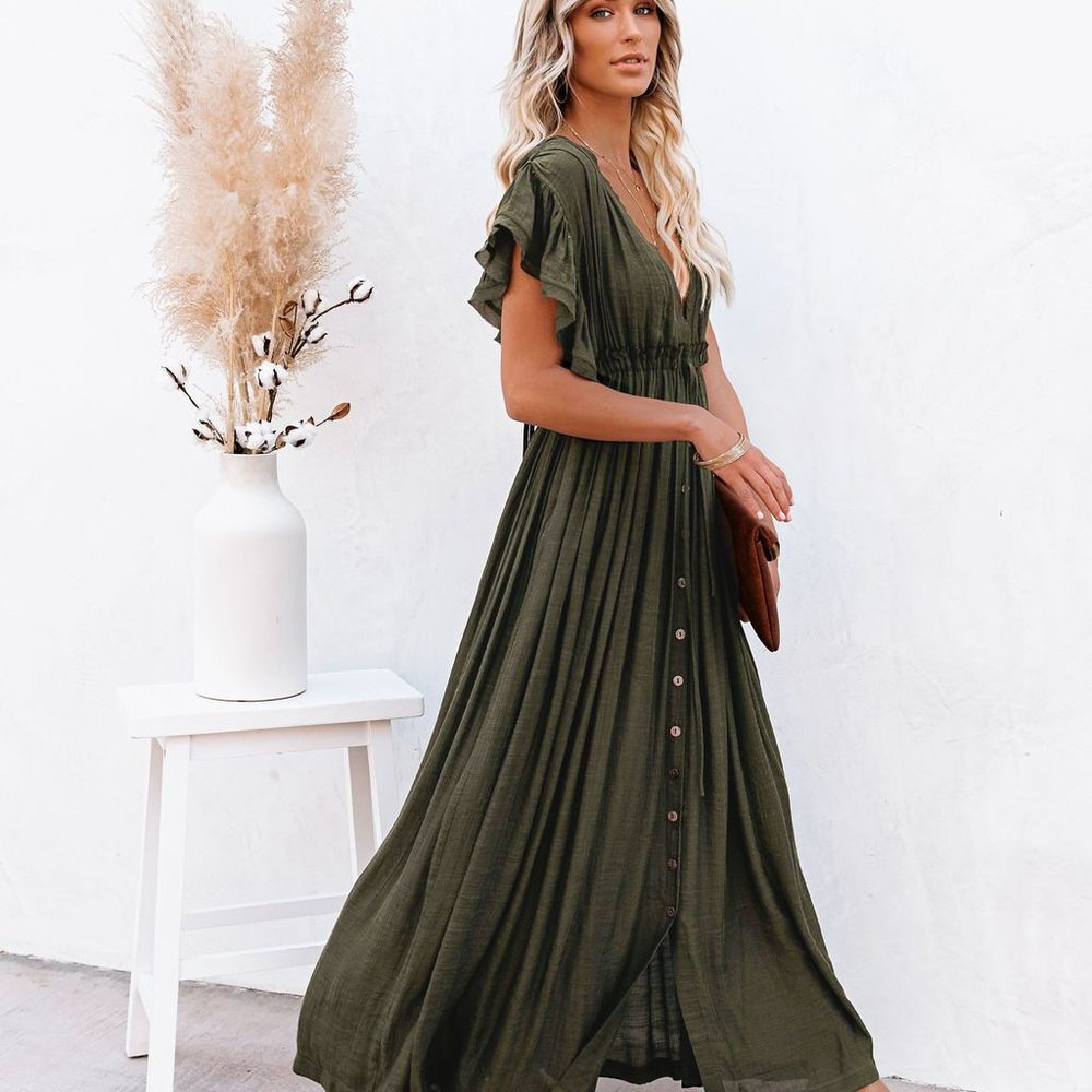 New Bohemian Long Olive Gauze Maxi Summer Dress - Picture 8 of 11